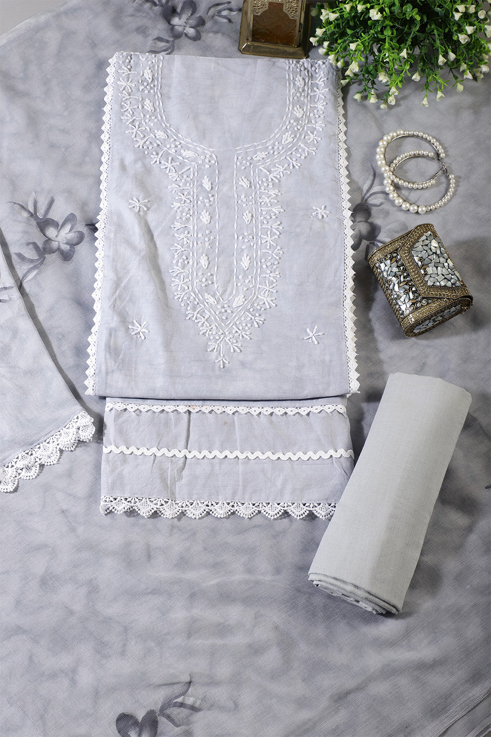 Grey Color Cotton Resham Embroidered And Lace Work Unstitched Suit