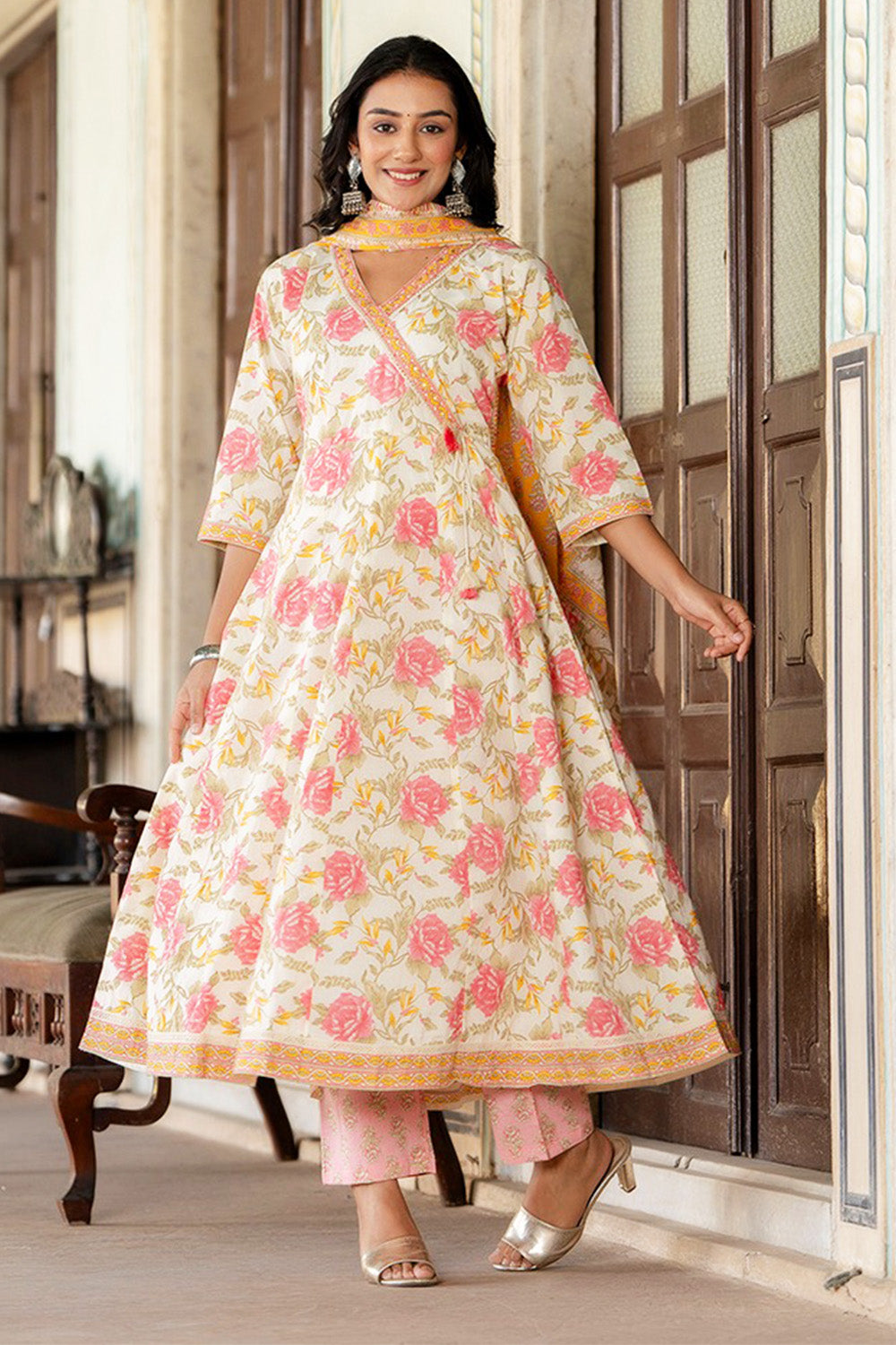 Cream & Pink Color Floral Printed Cotton Anarkali Suit