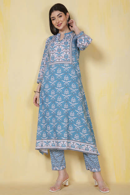 Turquoise Rayon Floral Printed Kurta Set