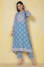 Turquoise Rayon Floral Printed Kurta Set