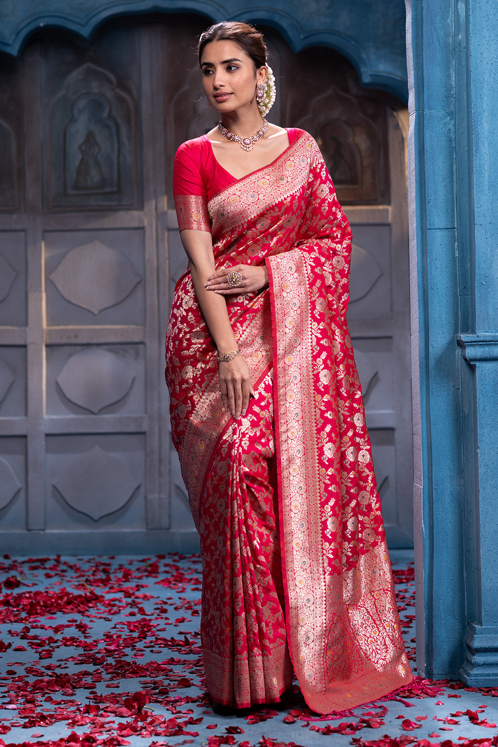 Cheery Red Colour Banarasi Silk Woven Saree