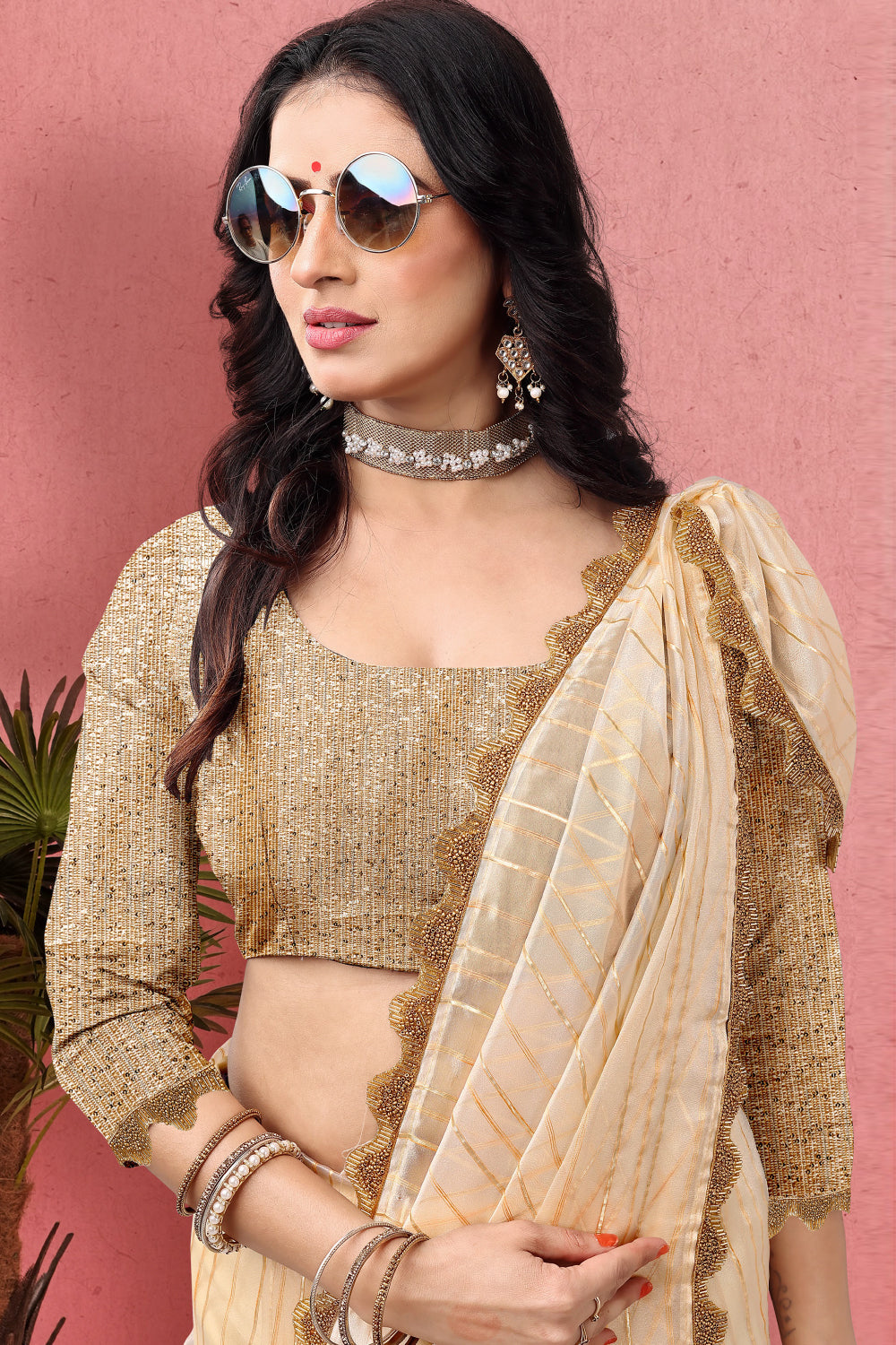 Beige Colour Organza Saree with Readymade Blouse