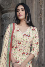 Cream & Maroon Cotton Floral Printed Floor Lenght Anarkali Suit