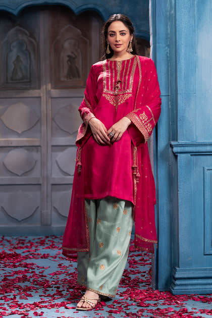Cherry Red Sequins And Zari Embroidered Silk Suit Set