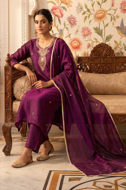 Wine Neck-Embroidered Silk Straight Suit