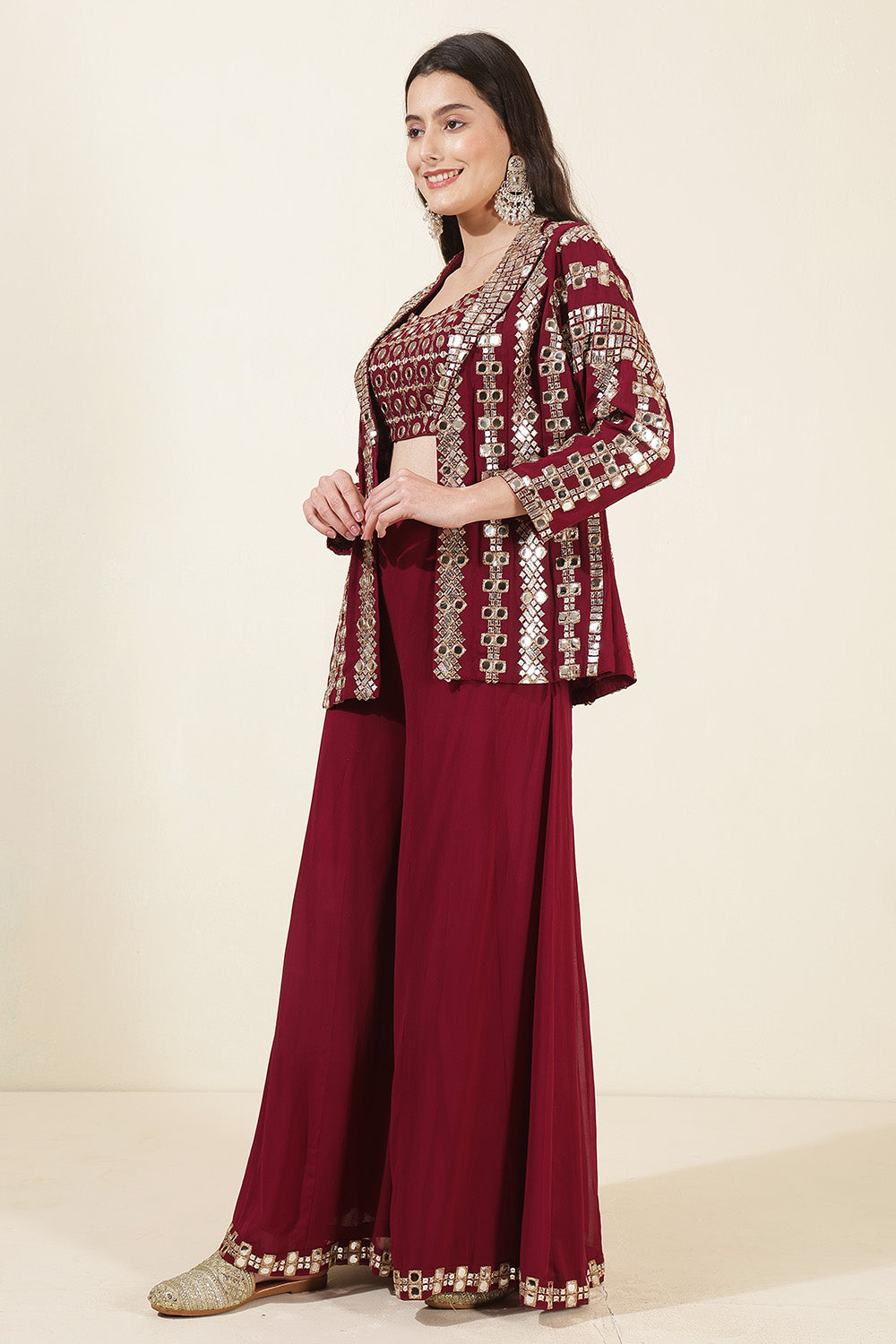 Wine Color Georgette Mirror Work Crop-Top with Jacket and Palazzo