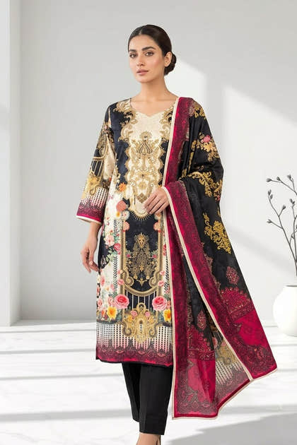 Black Chanderi Silk Printed Straight Suit