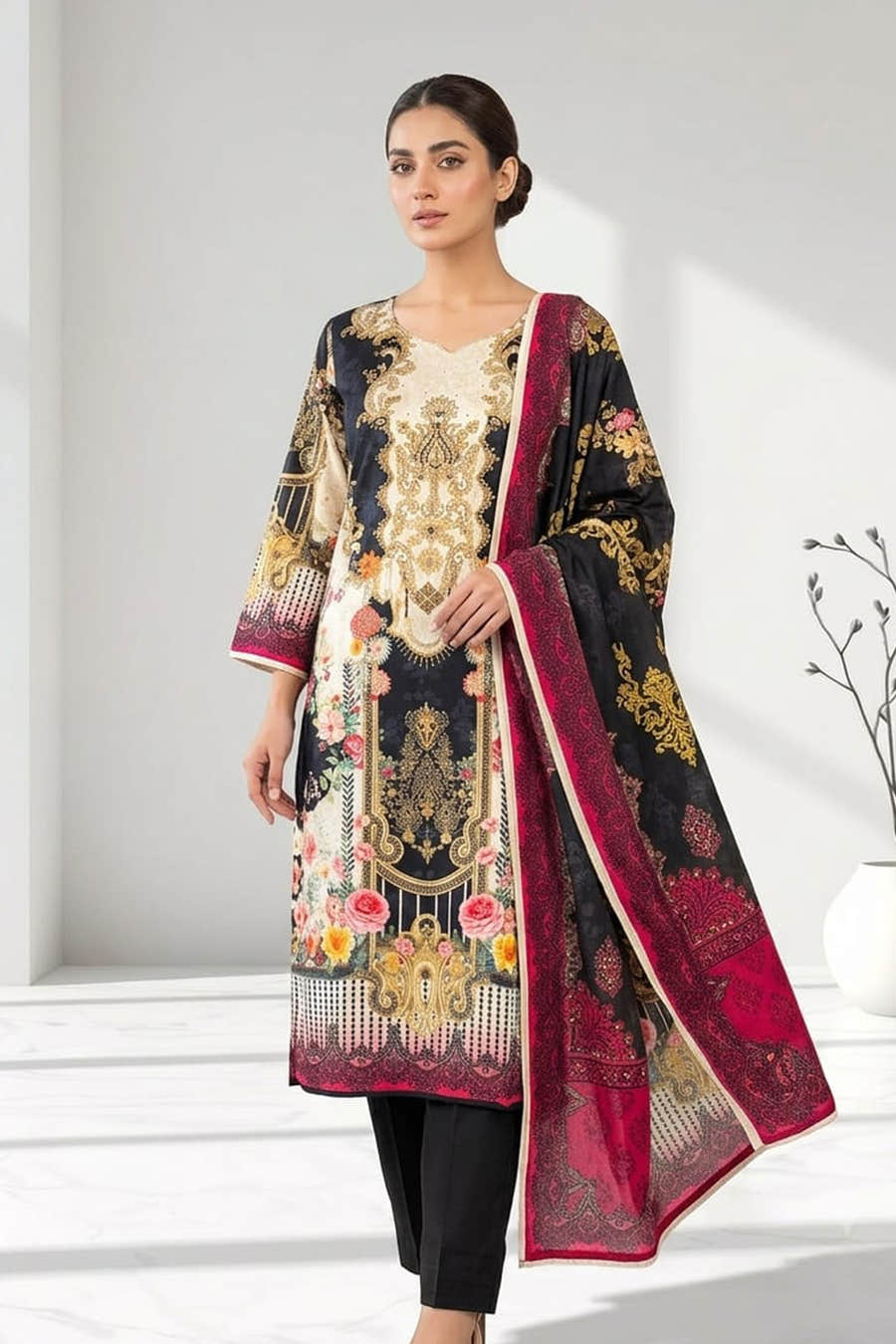 Black Chanderi Silk Printed Straight Suit