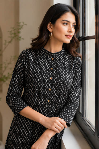 Black Cotton Printed Kurta Set