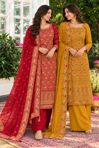 Mustard Floral Embroidered Georgette Unstitched Suit Material