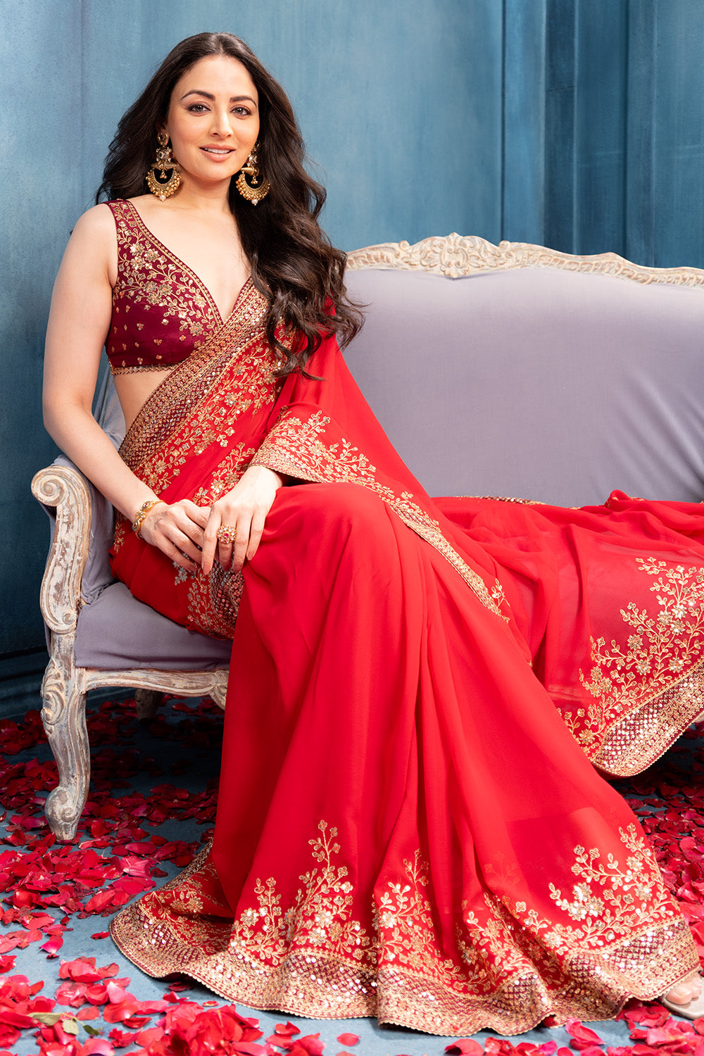 Rubi Red Pure Georgette Sequins Floral Embroidered Saree