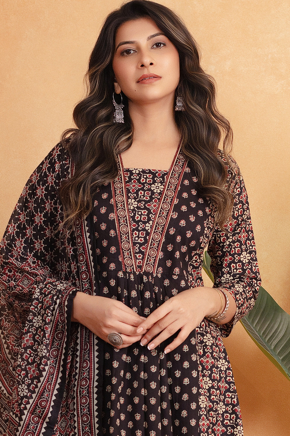 Black Ajrakh Printed Cotton Anarkali Suit