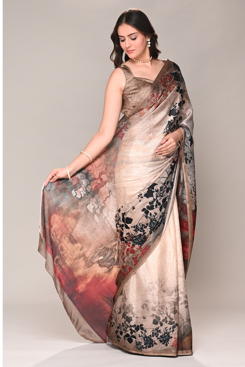Beige Color Jacquard Silk Printed Saree