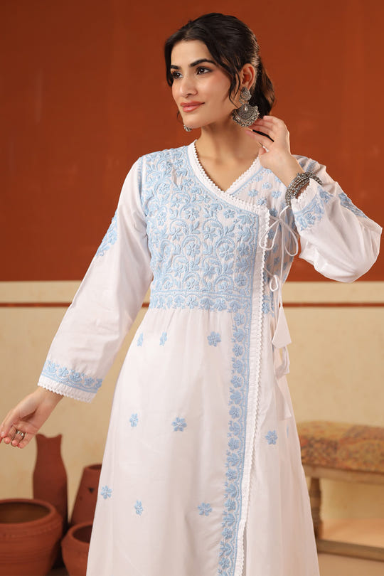 White & Blue Cotton Resham Embroidered Angrakha Style Kurta