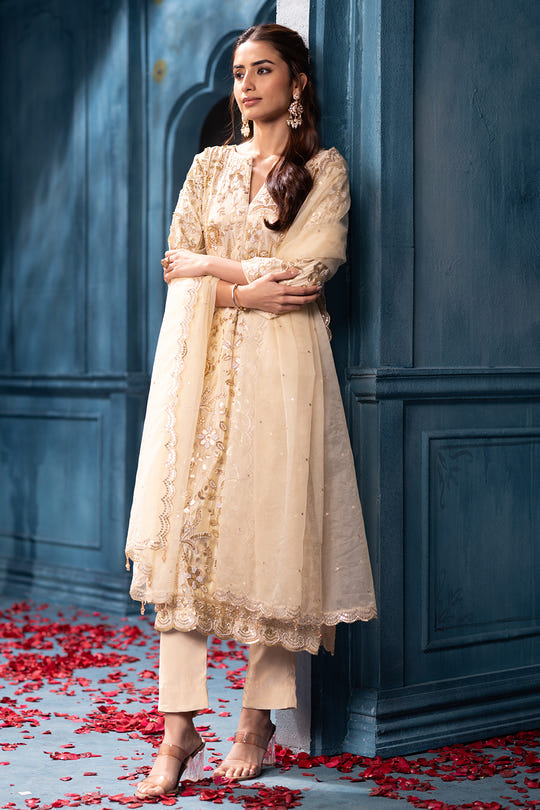 Cream Metallic Tissue Cut-dana And Sequins Embroidered Suits
