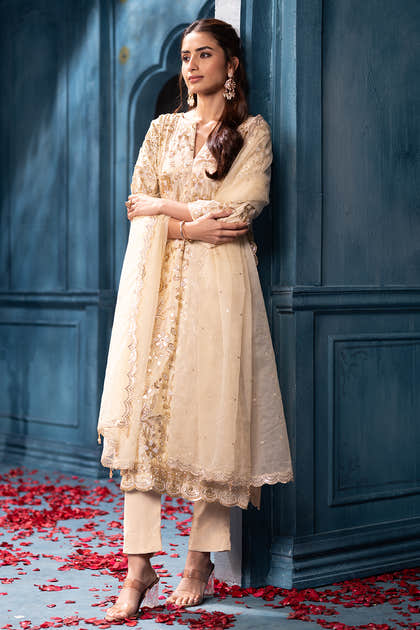 Cream Metallic Tissue Cut-dana And Sequins Embroidered Suits