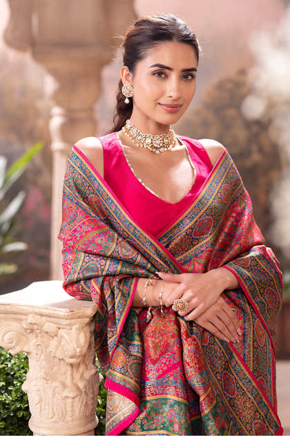 Magenta Pink Position Print Woven Silk Saree
