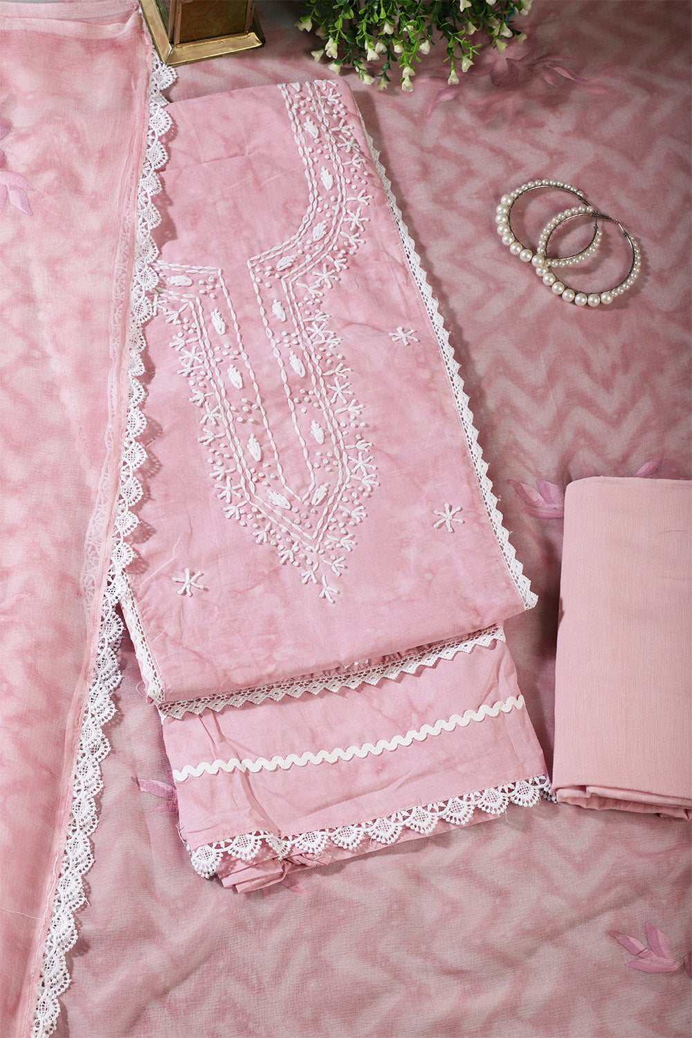 Pink Color Cotton Resham Embroidered And Lace Work Unstitched Suit