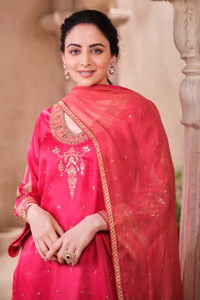Cherry Red Pure Silk Sequins And Zari Embroiderd Suit Set