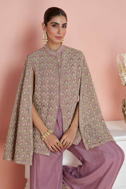 Dusty Pink Crepe Silk Embroidered Dress With Embroidered Palazzo