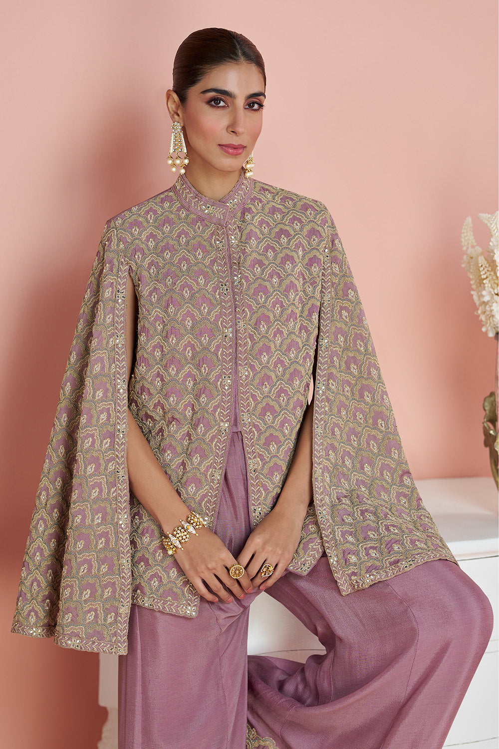 Dusty Pink Crepe Silk Embroidered Dress With Embroidered Palazzo