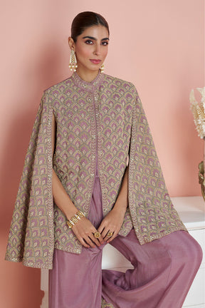 Dusty Pink Crepe Silk Embroidered Dress With Embroidered Palazzo