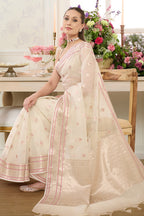 Cream Zari & Resham Woven Tissue Silk Saree
