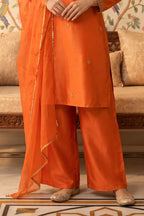 Rust Neck-Embroidered Silk Straight Suit