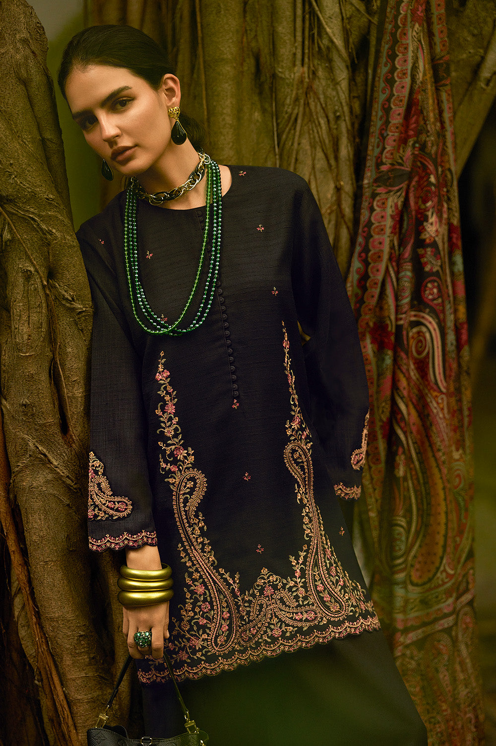 Black Tussar Silk Resham Floral Embroidered Unstitched Suit Material