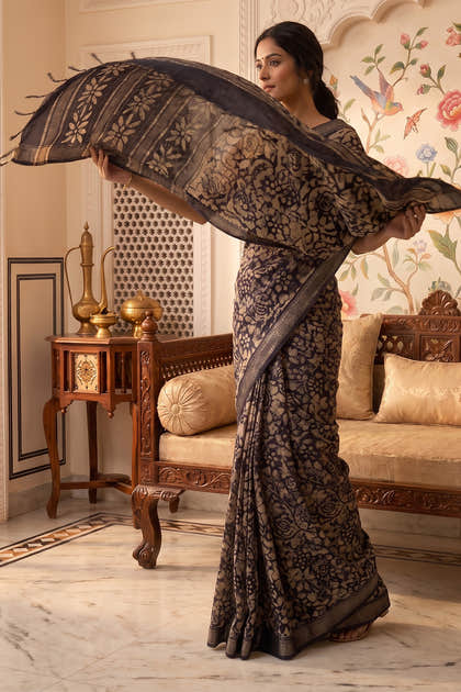 Navy And Beige Cotton Printed And Woven Border Saree