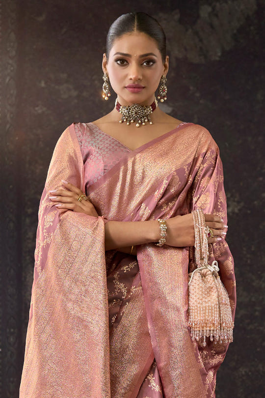 Dusty Pink Silk Banarasi Woven Saree