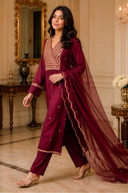 Wine Neck-Embroidered Silk Straight Suit