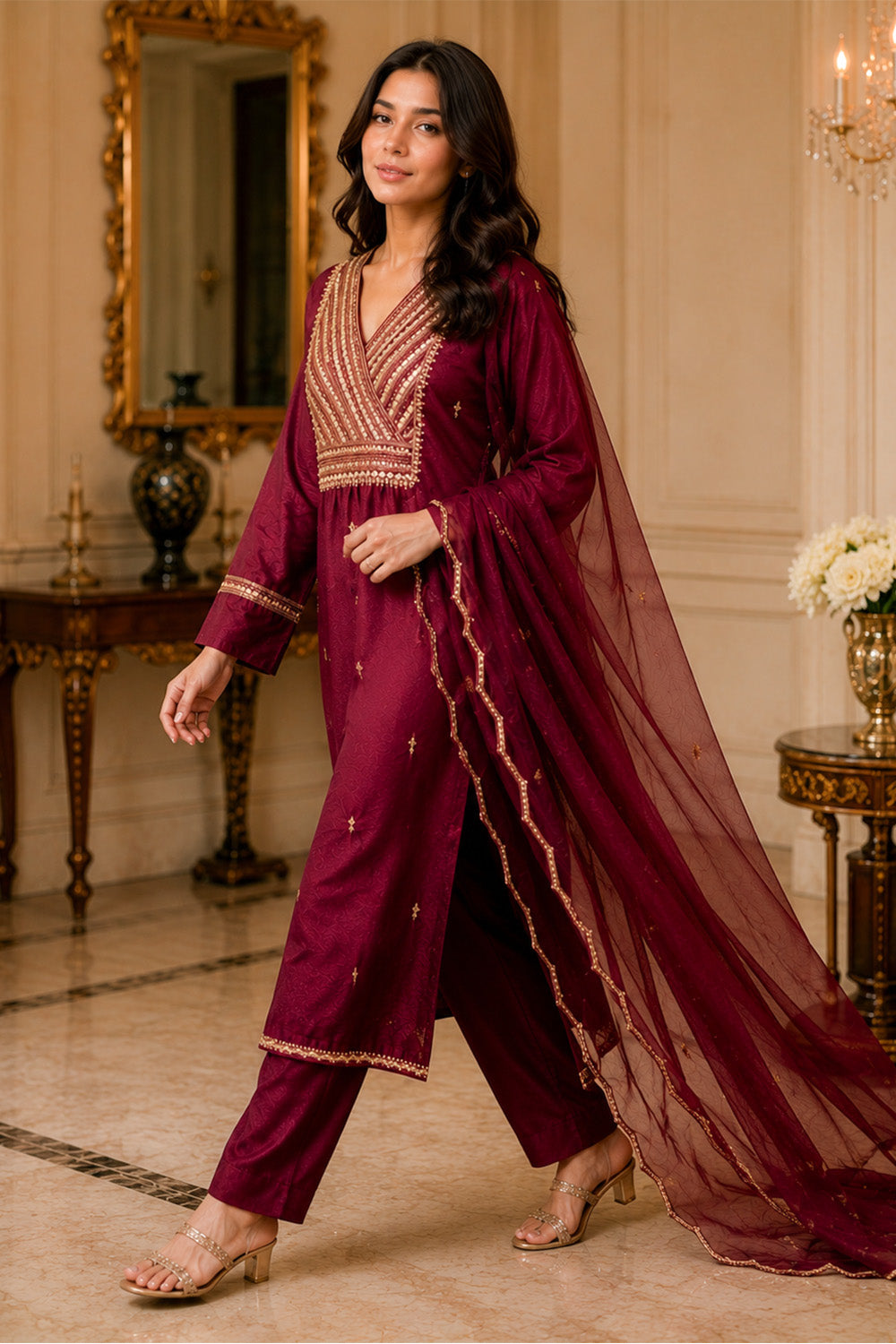 Wine Neck-Embroidered Silk Straight Suit