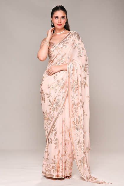 Baby Pink Color Georgette Sequins Embroidered Saree