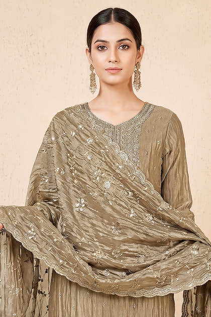 Beige Tissue Silk Embroidered Unstitched Suit Fabric