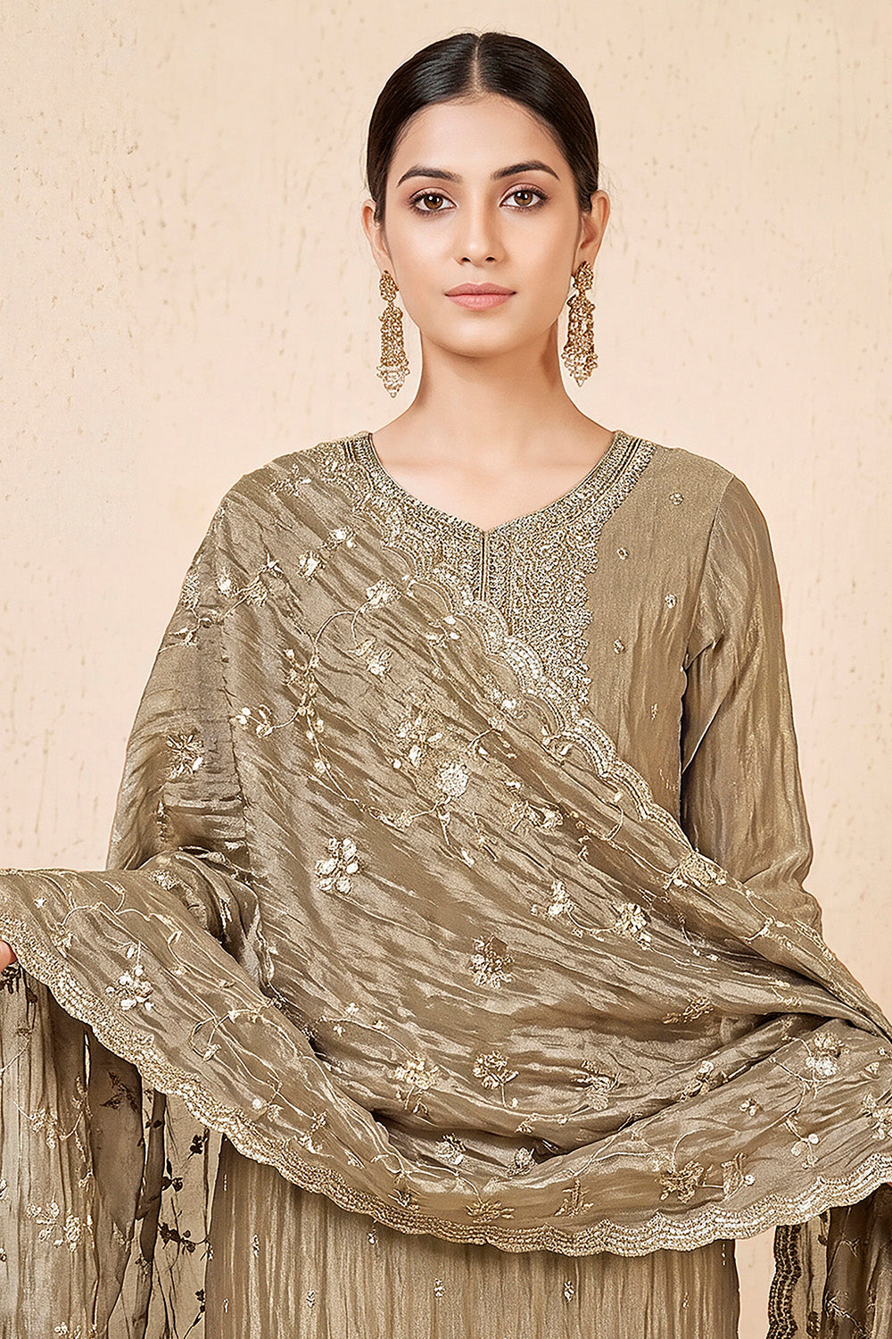 Beige Tissue Silk Embroidered Unstitched Suit Fabric
