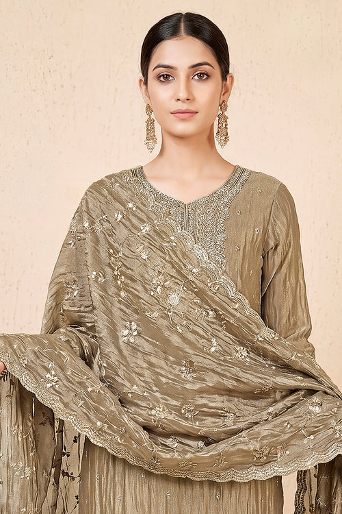 Beige Tissue Silk Embroidered Unstitched Suit Fabric
