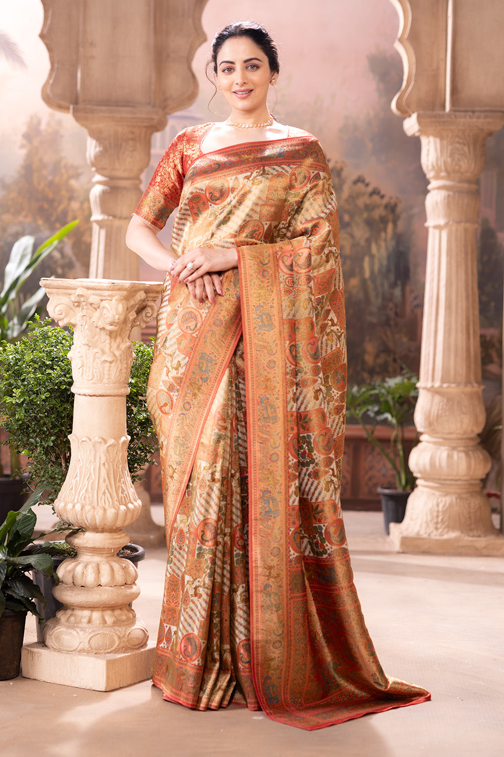 Beige Colour Position Print Woven Silk Saree