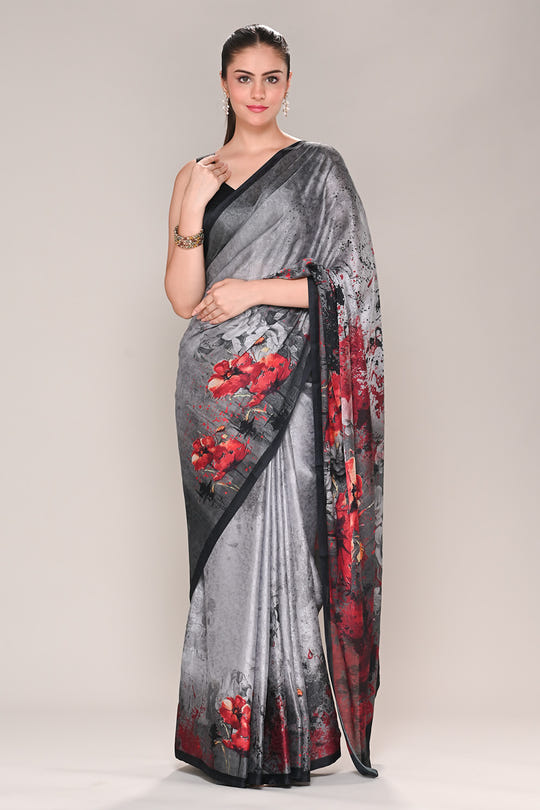 Grey Color Jacquard Silk Printed Saree