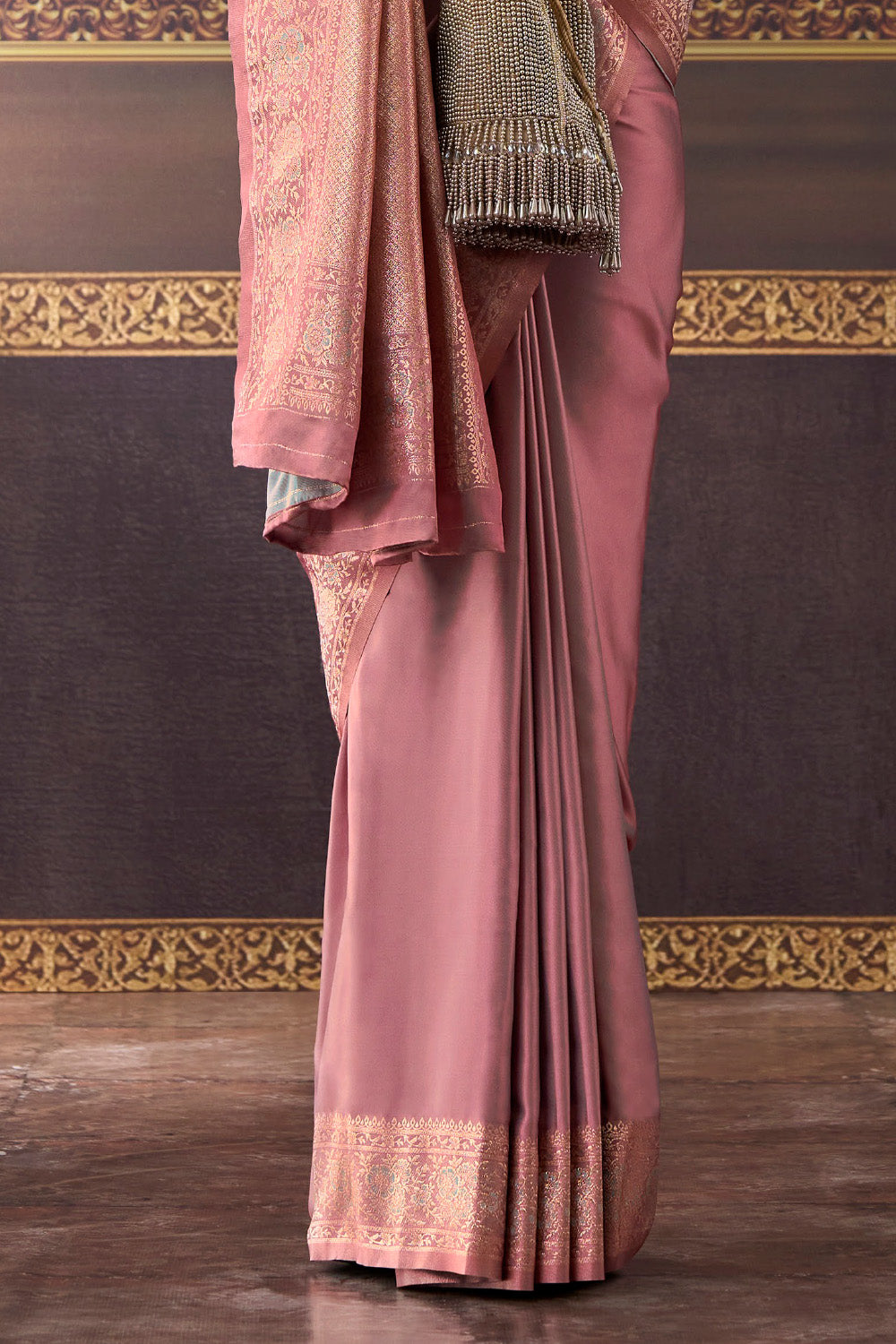 Dusty Pink Zari Woven Mulberry Silk Saree
