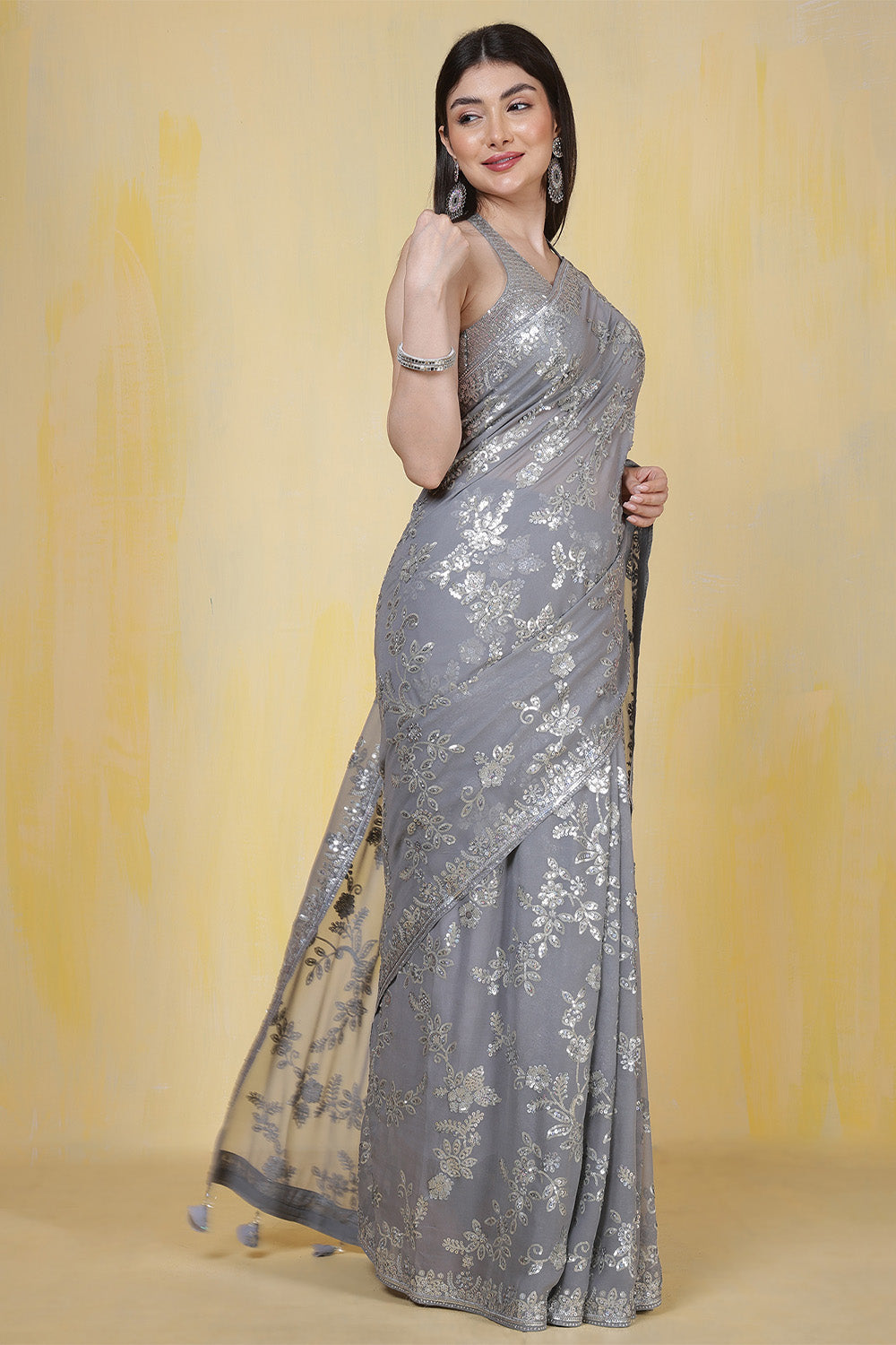 Grey Georgette Sequins Embroidered Saree