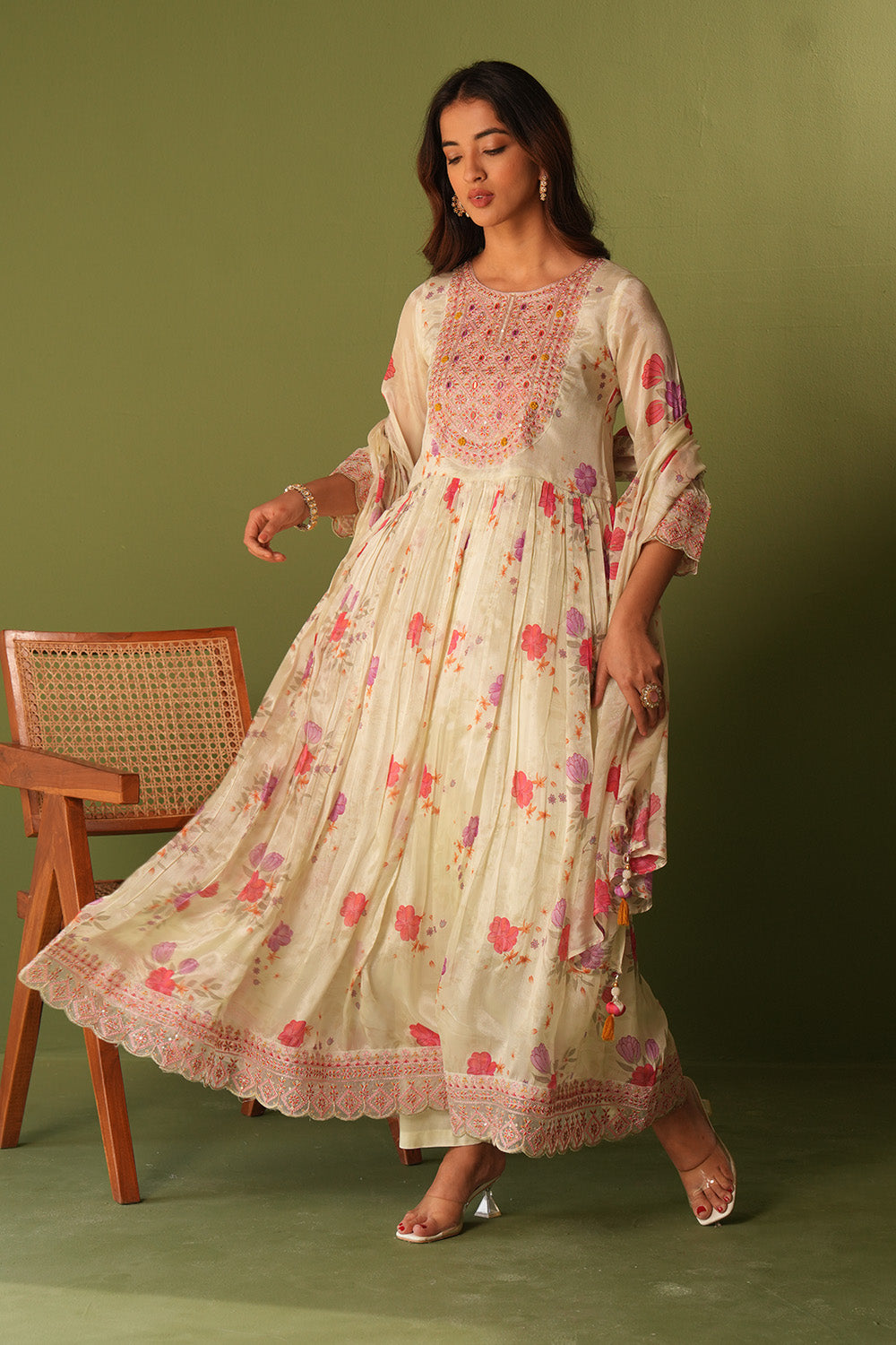 Cream Color Crepe Silk Neck Embroidered And Floral Printed Anarkali Suit