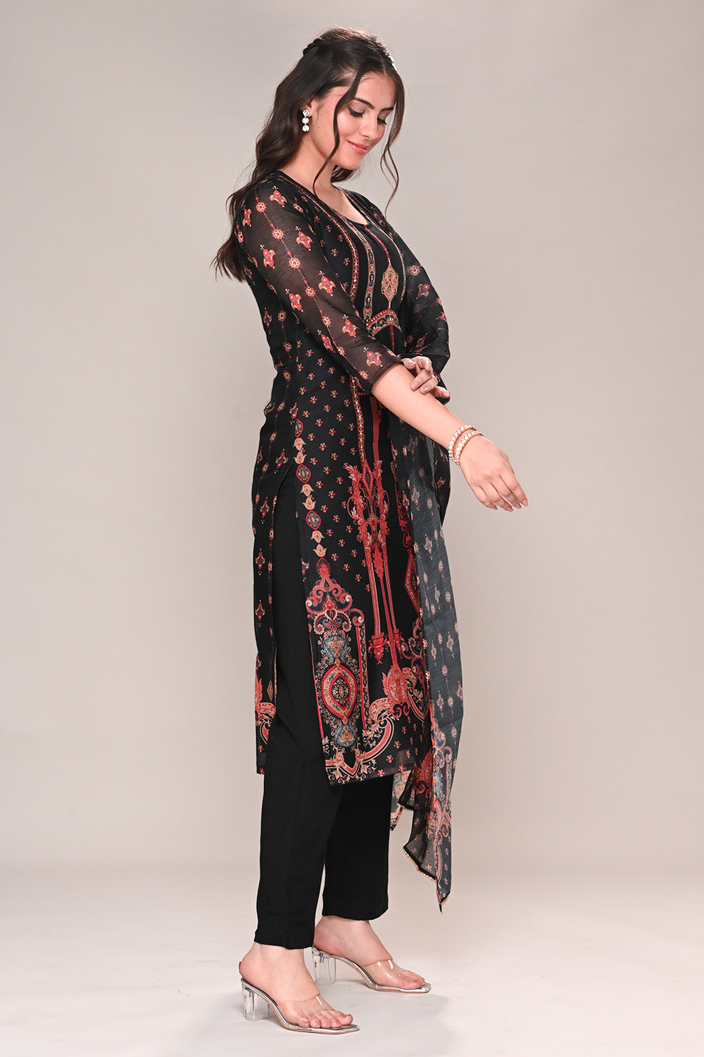 Black Chanderi Silk Printed Straight Suit