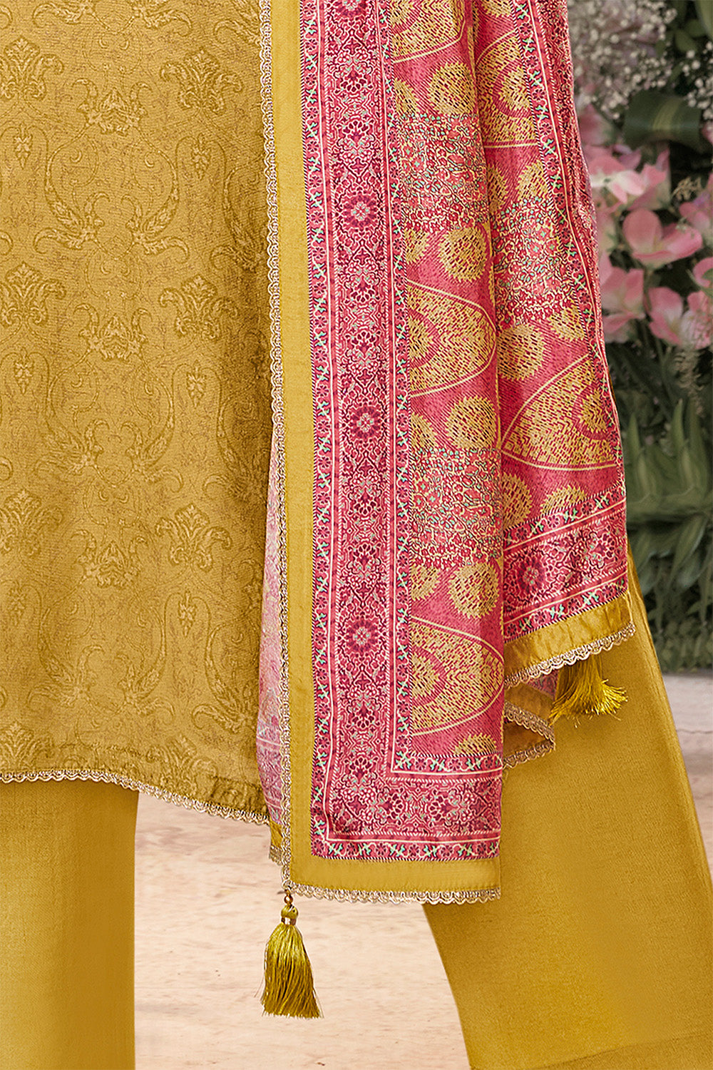Mustard Neck-Embroidered And Printed Suit Set