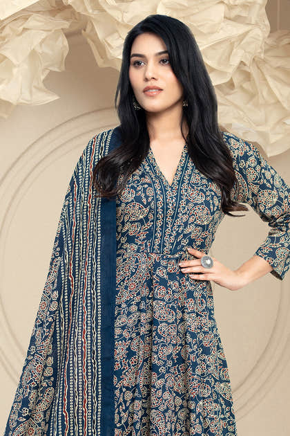 Navy Cotton Printed Anarkali Suit Set