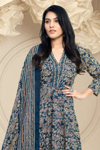 Navy Cotton Printed Anarkali Suit Set