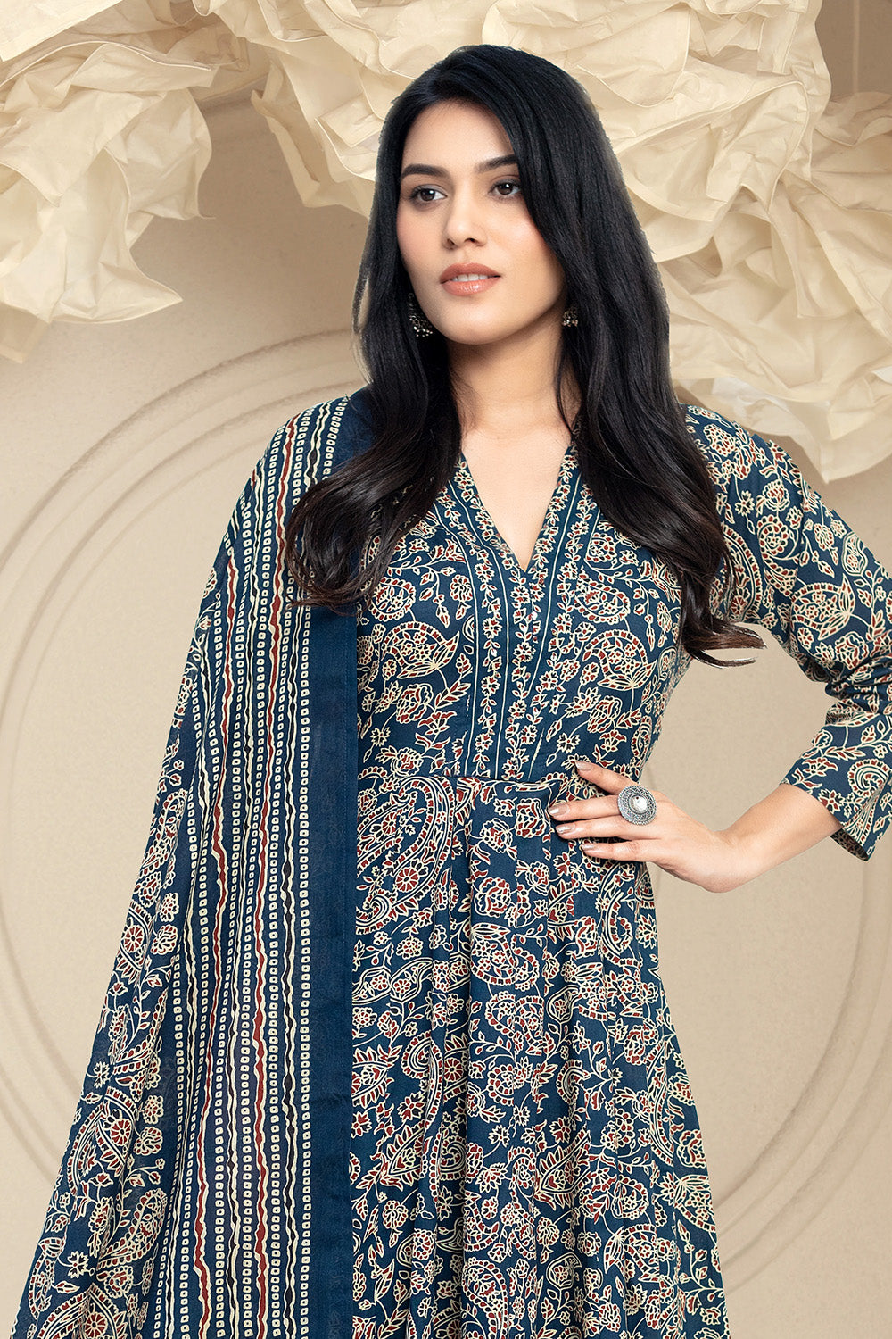 Navy Cotton Printed Anarkali Suit Set