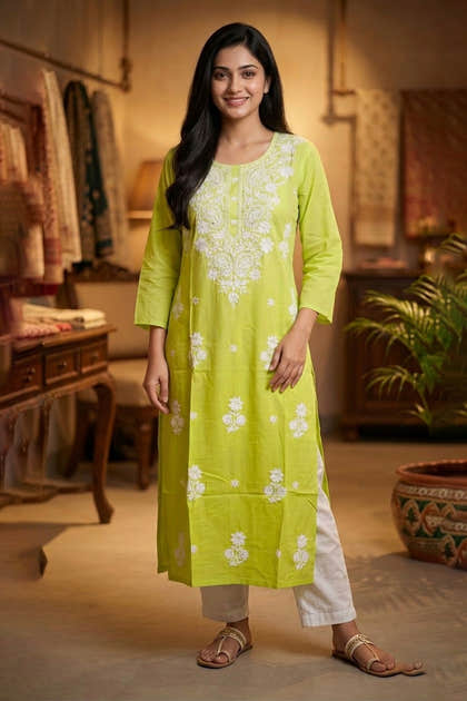 Ombre Green Resham Embroidered Rayon Cotton Kurta