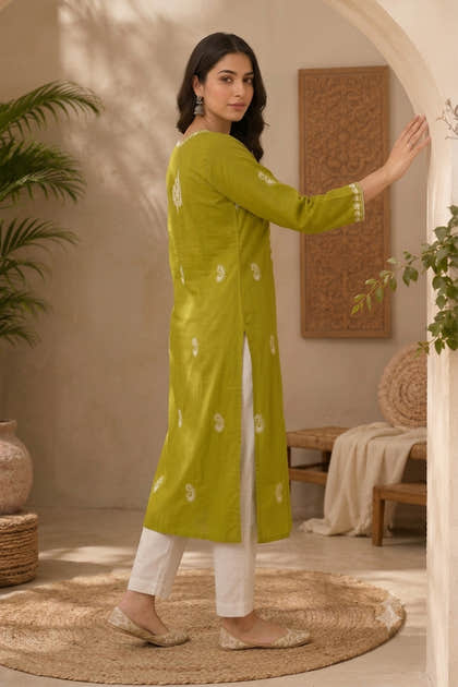 Sage Green Resham Embroidered Cotton Kurta