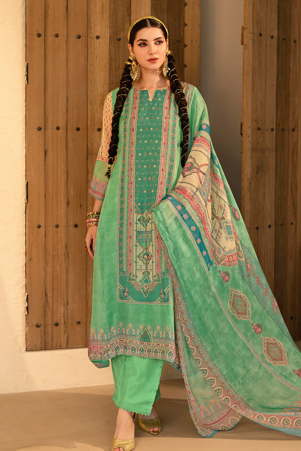 Green Color Organza Printed Unstitched Suit Material